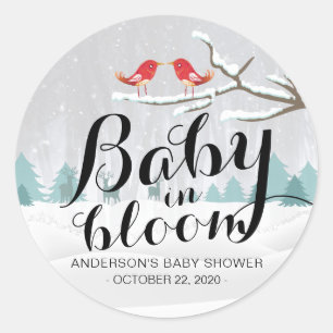 Modern Winter Baby Shower Baby in Bloom Snow Scene Classic Round Sticker