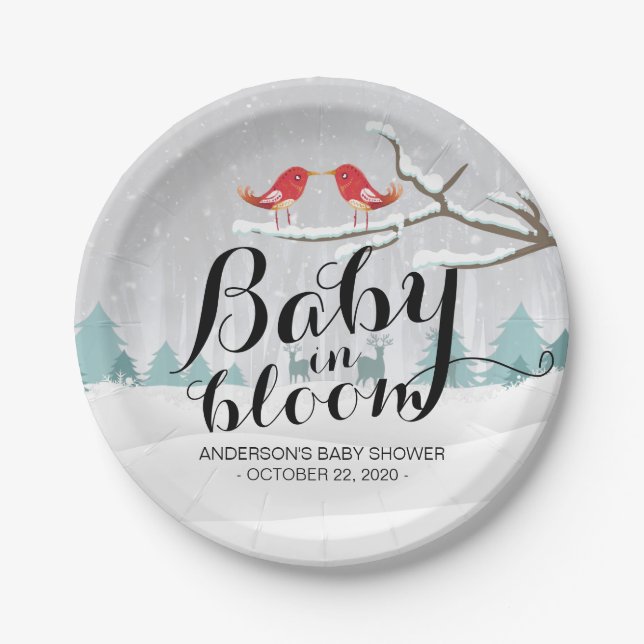 Modern Winter Baby Shower Baby in Bloom Snow Scene Paper Plates (Front)