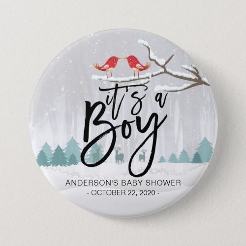 Modern Winter Baby Shower  Its a Boy Snow Scene Button