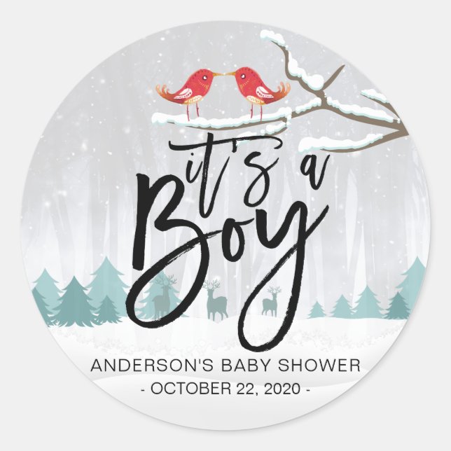 Modern Winter Baby Shower / It's a Boy Snow Scene Classic Round Sticker (Front)