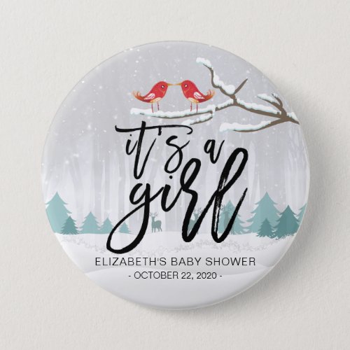 Modern Winter Baby Shower  Its a Girl Snow Scene Button