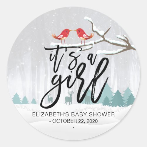 Modern Winter Baby Shower  Its a Girl Snow Scene Classic Round Sticker