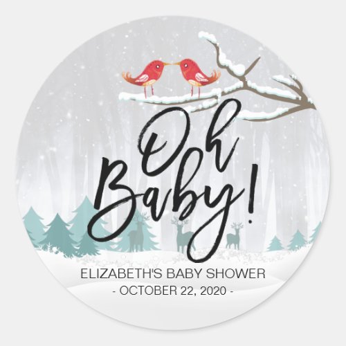 Modern Winter Baby Shower Snow Scene Bird Reindeer Classic Round Sticker