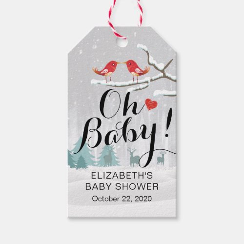 Modern Winter Baby Shower Snow Scene Bird Reindeer Gift Tags