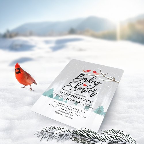 Modern Winter Baby Shower Snow Scene Bird Reindeer Invitation