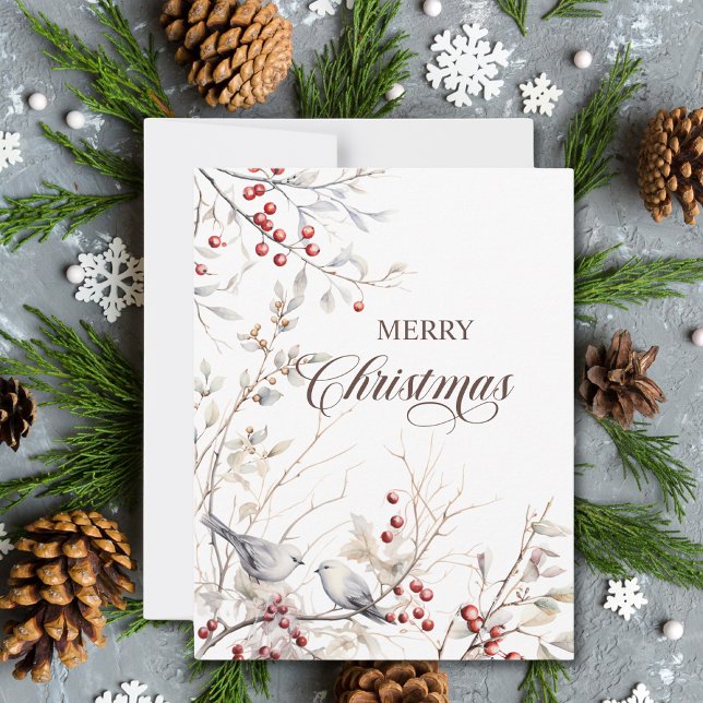 Modern Winter Berries Birds Christmas Note Card (Creator Uploaded)