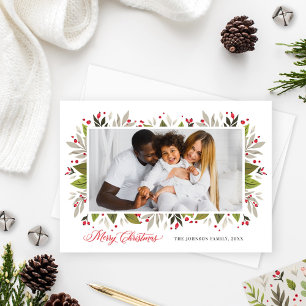 Modern Winter Berries Greenery Photo Frame Holiday Card