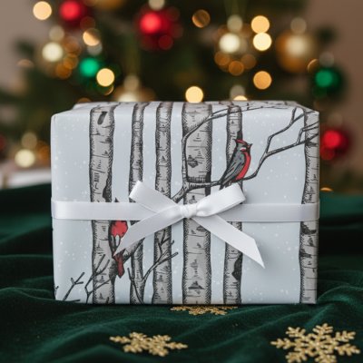 Modern Winter Blue Cardinal Snowy Birch Trees Wrapping Paper