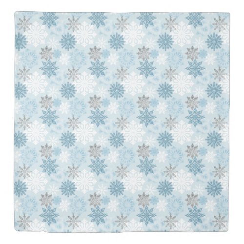 Modern Winter Blue Silver Snowflakes Pattern Duvet Cover