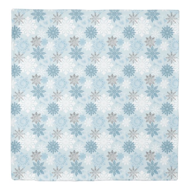 Modern Winter Blue Silver Snowflakes Pattern Duvet Cover (Front)
