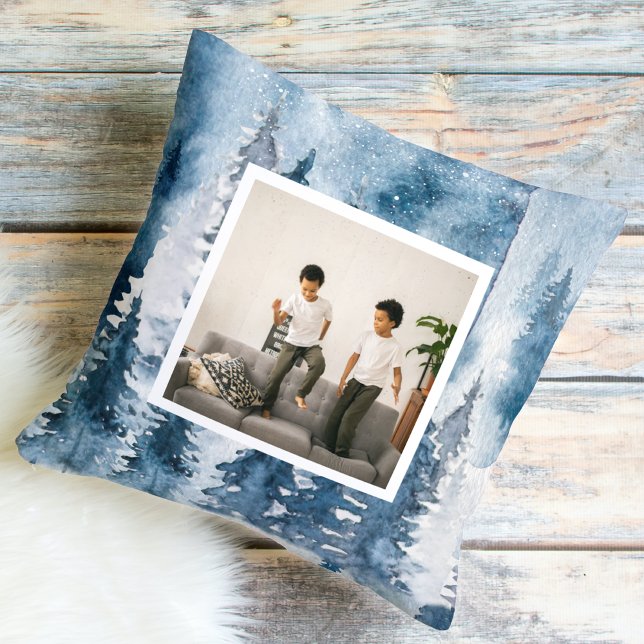 Modern Winter Blue Trees & Photo  Throw Pillow (Creator Uploaded)
