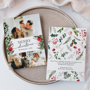 Modern Winter Botanical 3 Photo Merry Christmas Holiday Card