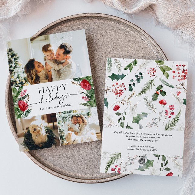 Modern Winter Botanical Custom Message Photo Holiday Card (Creator Uploaded)