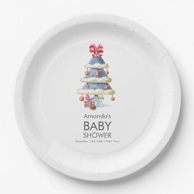 Modern Winter Bow Christmas Tree Baby Shower  Paper Plates (Front)