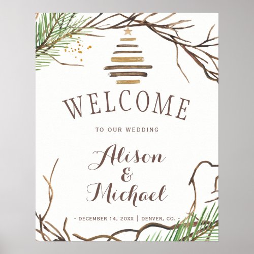 Modern winter branches wreath wedding welcome sign