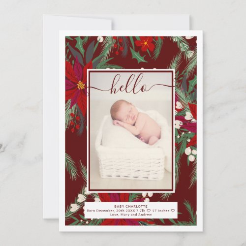 Modern winter Christmas floral photo baby birth Announcement