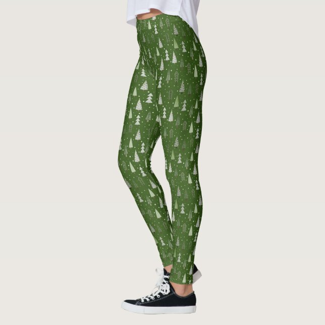 Modern Winter Christmas Forest Trees Green Leggings (Left)