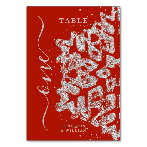 Modern Winter Christmas Holiday Wedding Silver Red Table Number