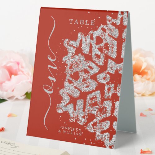 Modern Winter Christmas Holiday Wedding Silver Red Table Tent Sign