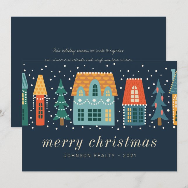 Modern Winter Christmas Town Business Holiday Card (Front/Back)