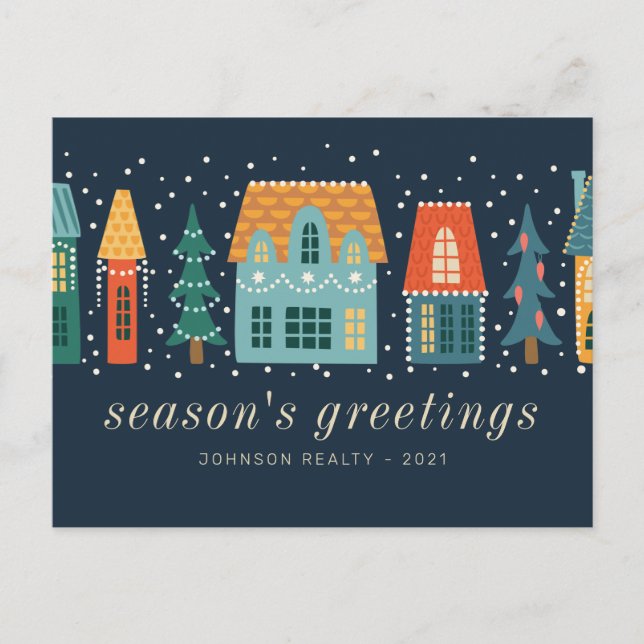 Modern Winter Christmas Town Business Postcard (Front)