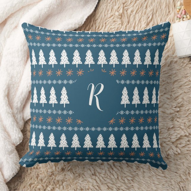 Modern Winter Christmas Tree Pattern Monogram Blue Throw Pillow (Blanket)