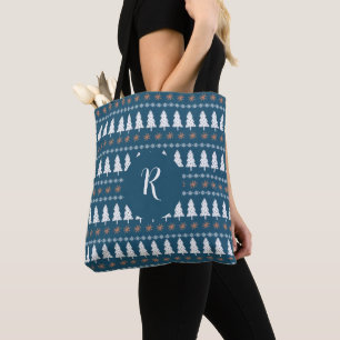 Modern Winter Christmas Tree Pattern Monogram Blue Tote Bag