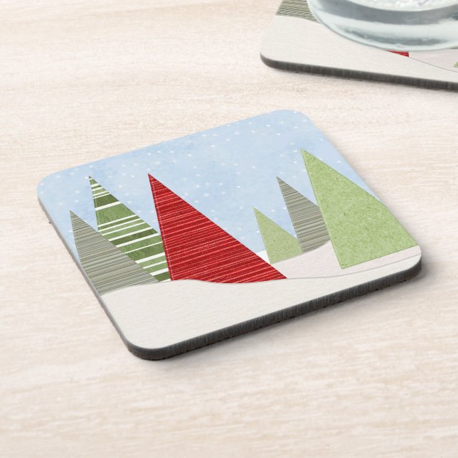 Modern Winter Christmas Trees Art Beverage Coaster (Left Side)