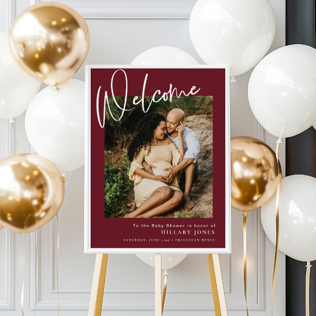 Modern Winter Festive Burgundy Baby Shower Welcome Poster (Creator Uploaded)