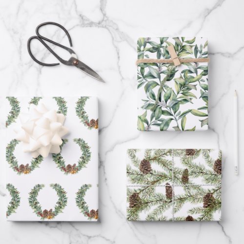 Modern Winter Fir Cone Watercolor Wrapping Paper Sheets