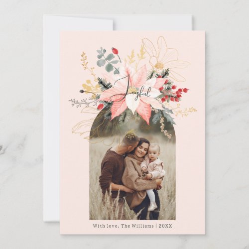 Modern Winter Floral Arch Joyful Pink Two Photo Holiday Card