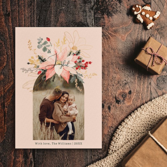 Modern Winter Floral Arch Joyful Pink Two Photo Holiday Card (Creator Uploaded)