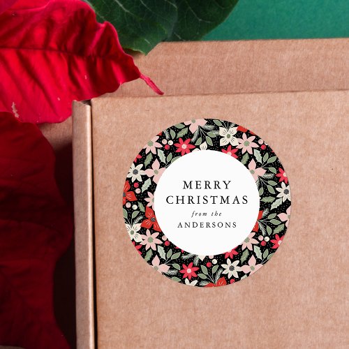 Modern Winter Floral Black Merry Christmas Classic Round Sticker