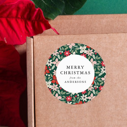 Modern Winter Floral Green Merry Christmas Classic Round Sticker