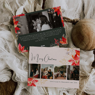 Modern Winter Floral Merry Christmas Five Photo Holiday Card