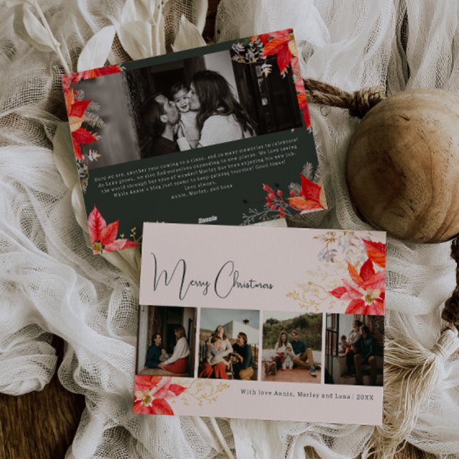Modern Winter Floral Merry Christmas Five Photo Holiday Card (Creator Uploaded)