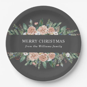 modern winter floral merry christmas paper plates