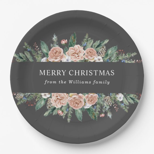 modern winter floral merry christmas paper plates (Front)