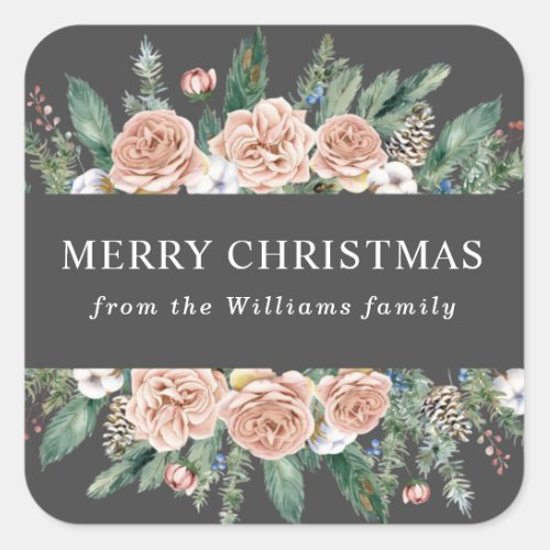 modern winter floral merry christmas square sticke square sticker