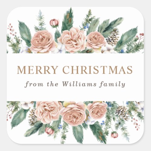 modern winter floral merry christmas square sticker