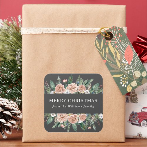 Modern Winter Floral Merry Christmas Square Sticker
