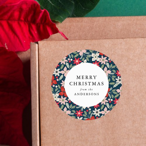 Modern Winter Floral Navy Merry Christmas Classic Round Sticker