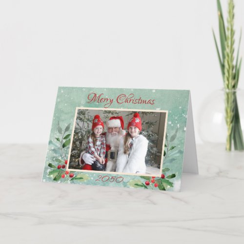 Modern Winter Floral One Photo Christmas Holiday Card