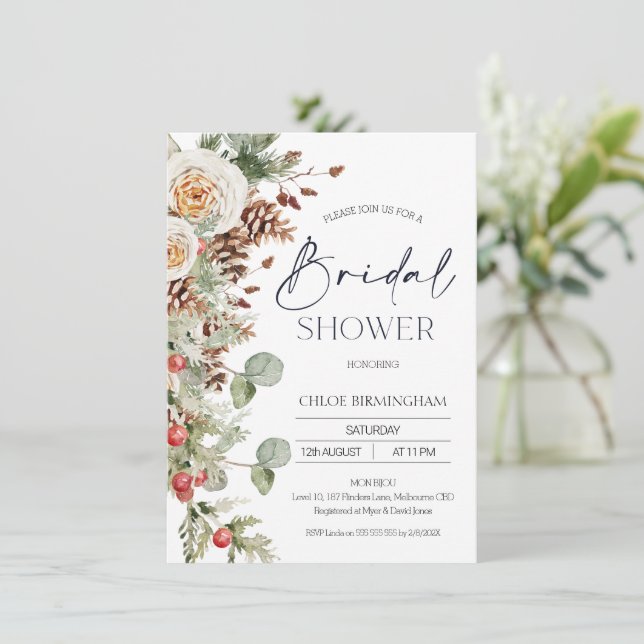 Modern Winter Floral Pine Cone Bridal Shower Invitation (Standing Front)