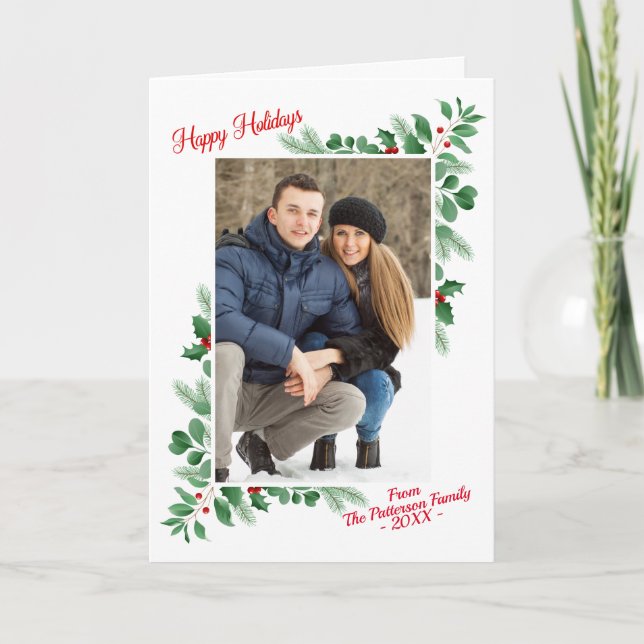 Modern Winter Foliage Happy Holidays Photo Card (Front)