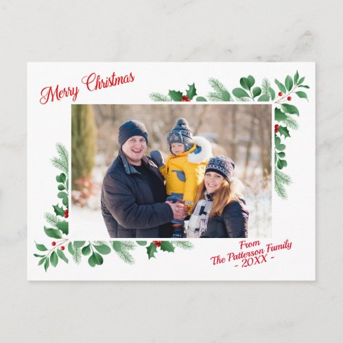 Modern Winter Foliage Merry Christmas Photo Postcard