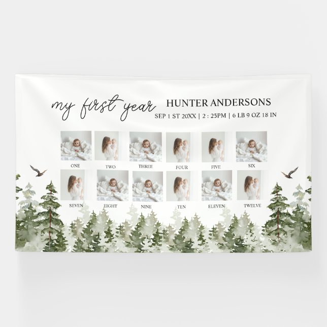Modern Winter Forest Deer Baby’s First Year Banner (Horizontal)