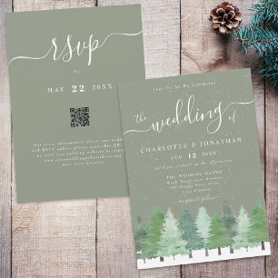 Modern Winter Forest Sage Green Wedding QR Code Invitation