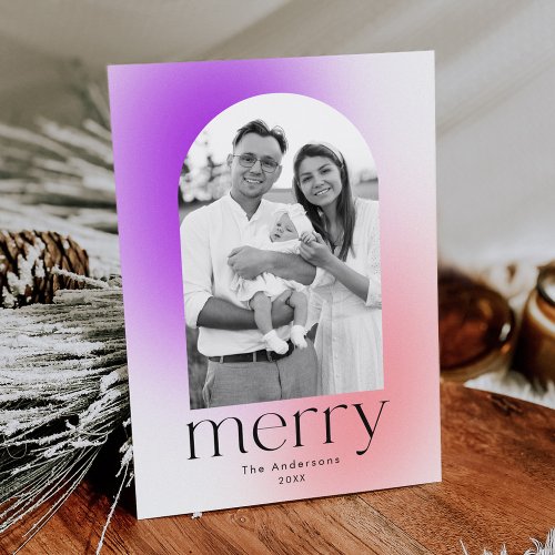 Modern Winter Gradient Purple and Pink 2 Photo Holiday Card