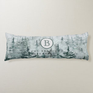 Modern Winter Green Pine Forest Family Monogram Body Pillow